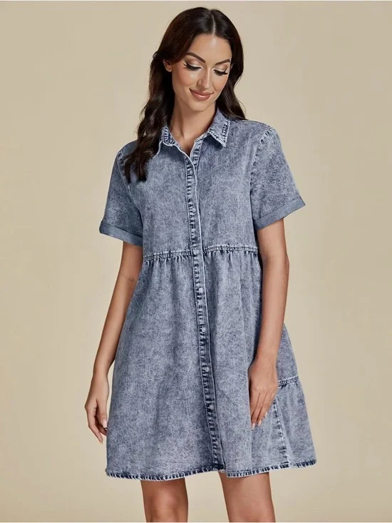 Denim Short Sleeve Button-Front Mini Dress / Medium - Picture 3 of 4